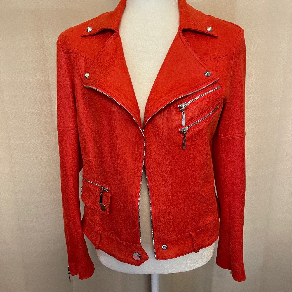NEW Barcelino Faux Suede Moto Bomber Jacket, Coat Size 2 Red/Orange